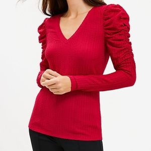 LOFT textured puffed sleeves v neck top, small, magenta pink